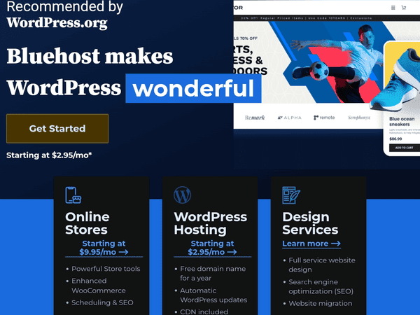 Bluehost homepage screenshot showing hosting packages and recommendations by WordPress.org