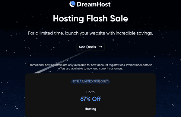 Dreamhost homepage screenshot showing hosting deal.