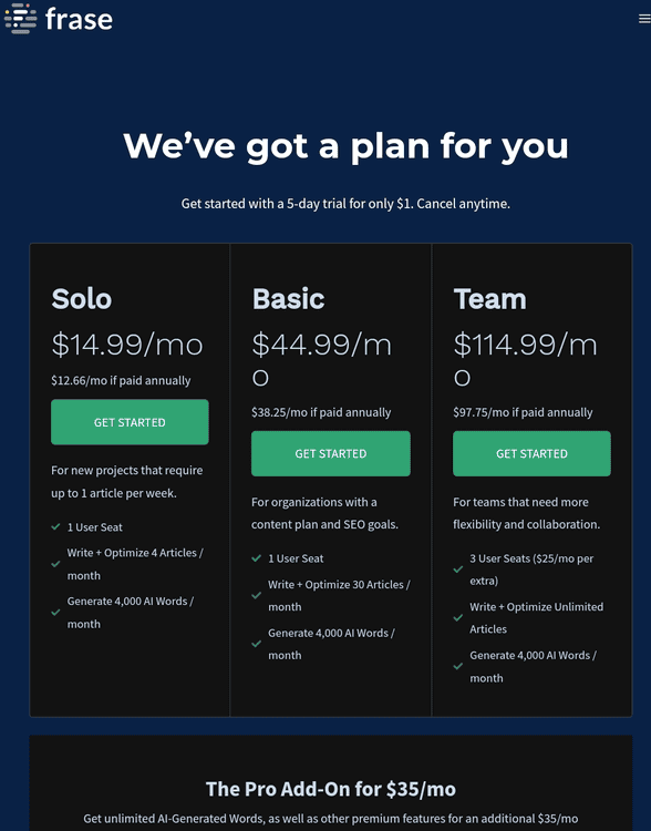 Frase plans and price