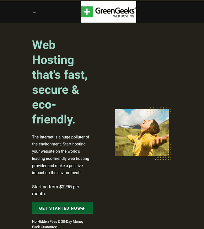 GreenGeeks homepage screenshot showing price and happy person.