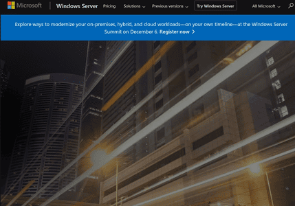 Microsoft Windows server landing page screenshot.