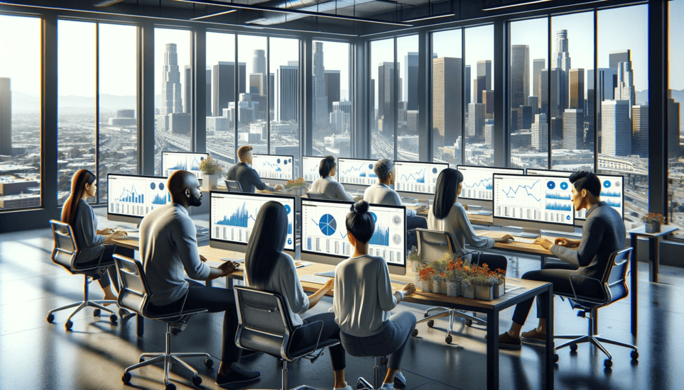 Marketing agency workers working in an office with downtown Los Angeles view