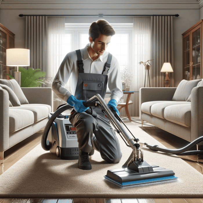 Carpet cleaning service professional cleaning a sitting room.